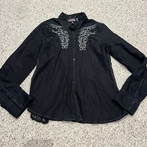 Roar Whirlwind Shirt Snap Front Sz L Black Biker Grunge Goth Lace Rhinestones